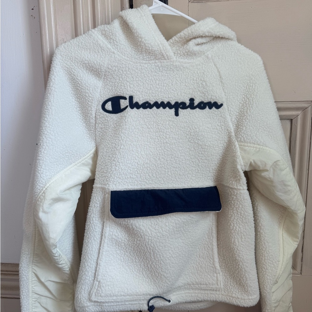 Champion Cream Sherpa Hoodie with Navy Logo
